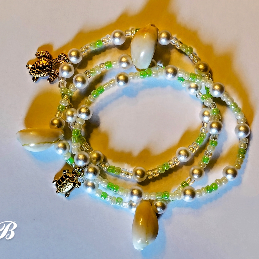 Green and Gold Multi-Strand Stretchy Bracelet with Charms